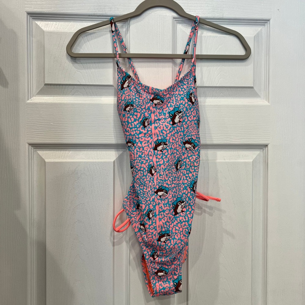 Buc-ee's One Piece Swimsuit Nylon Cheetah Mascot Print Kitschy Pink Blue SM Neon